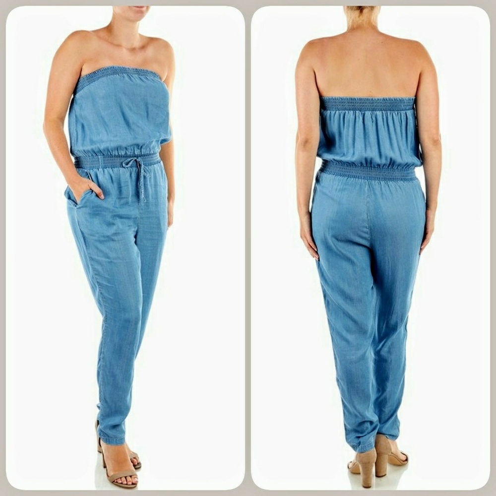 Chambray Strapless Jumpsuit